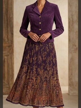Vintage Stonebridge Mock 2-Piece Dress • Plum Faux Suede & Paisley Maxi • 1PC